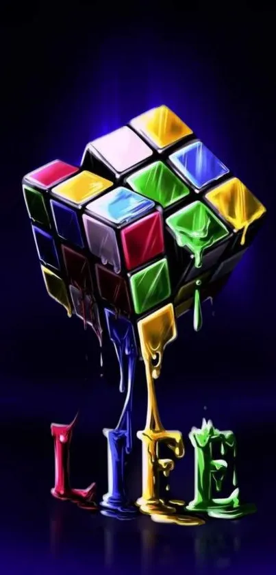 Colorful Rubik's cube melting with neon colors on a dark background.