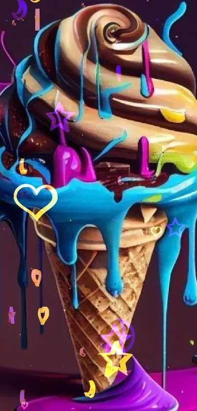 Colorful melting ice cream cone with vibrant paint drips.