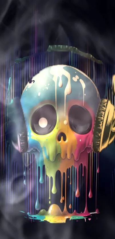 Colorful melting skull with headphones in vibrant art.