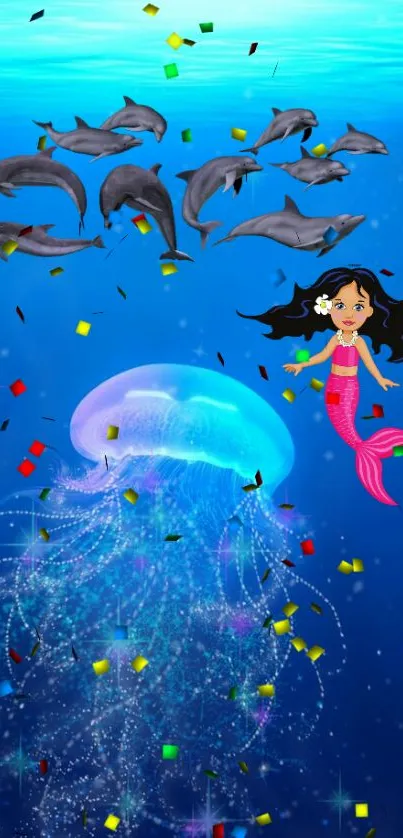 Mermaid with dolphins and jellyfish in a colorful ocean scene.