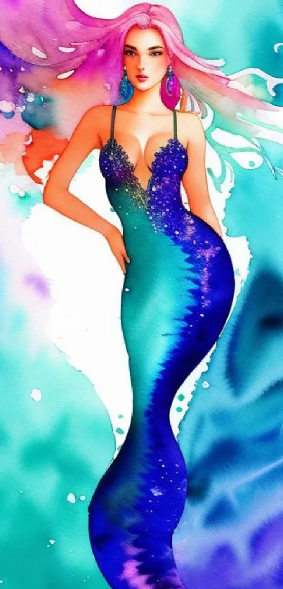 Colorful artistic mermaid fantasy wallpaper art with vibrant blues and purples.