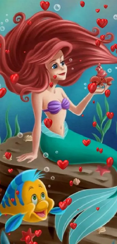 Illustrated mermaid with sea creature friends in colorful underwater scene.