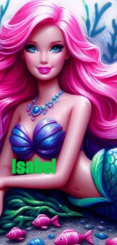 A colorful mermaid with pink hair and vibrant scales in an underwater setting.