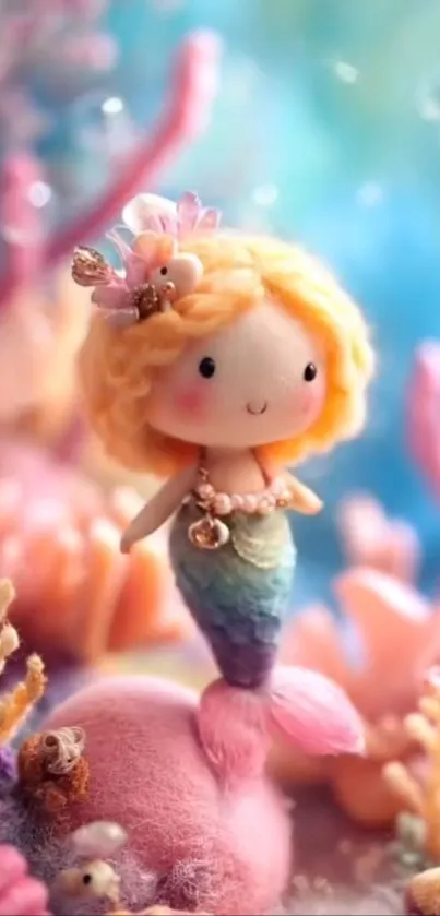 Cute mermaid in colorful underwater scene with coral and sea plants.