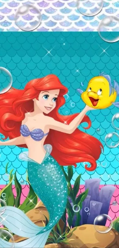 Vibrant cartoon mermaid with red hair in an ocean scene.