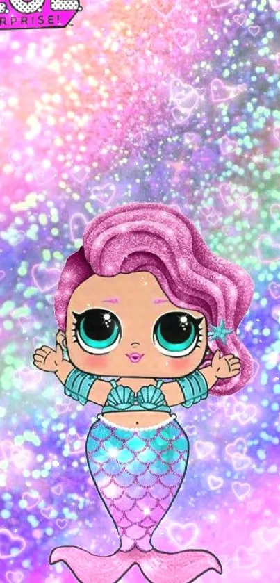 Cute mermaid with pink hair on a colorful, sparkling background.