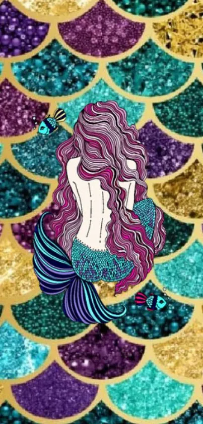 Colorful mermaid scales wallpaper with vibrant turquoise and gold design.