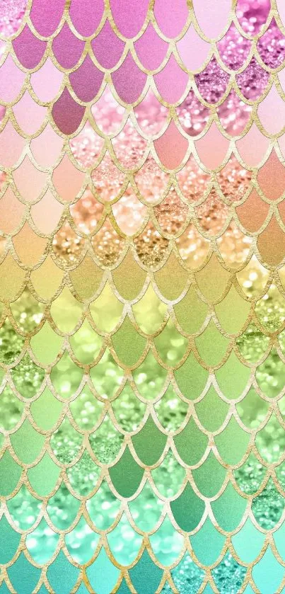 Vibrant mermaid scales wallpaper with pastel pink and green hues.