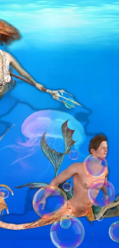 Mermaid swimming in a vibrant blue ocean with bubbles and aquatic life.