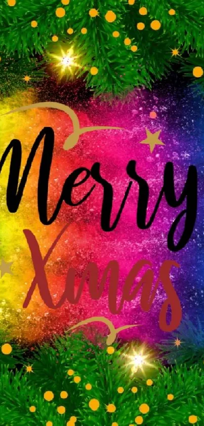 Colorful Merry Xmas wallpaper with green garlands and festive lights.