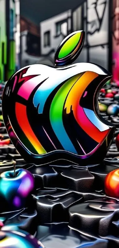 3D rainbow-colored Apple logo surrounded by colorful apples.