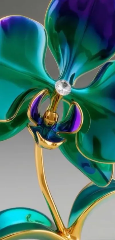 Vibrant teal and purple metallic flower art design.