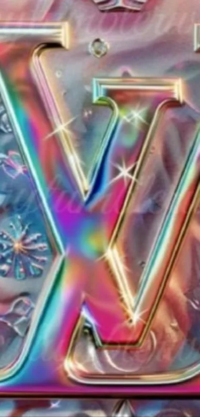 A vibrant, multicolored metallic letter V wallpaper with intricate designs.