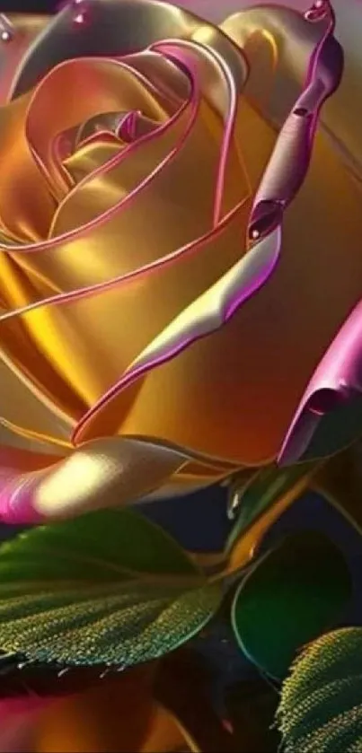 Vibrant metallic rose with pink and gold tones set against a dark background.