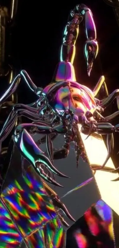 Colorful metallic scorpion on a digital neon background.