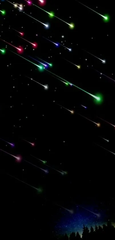 Colored meteors falling in a starry night sky wallpaper.