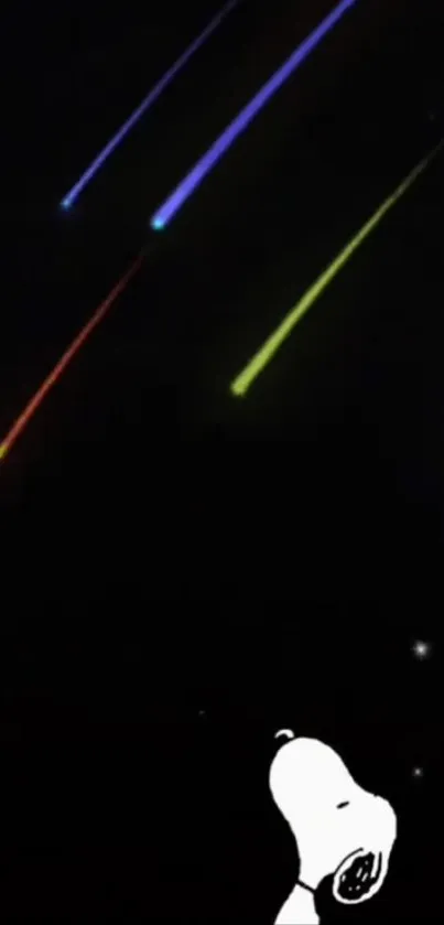 Colorful meteors in starry night sky with cartoon dog.