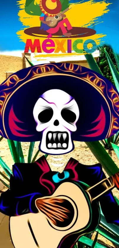 Colorful Mexican skull art with guitar in vibrant style.