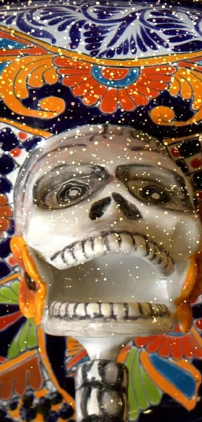 Colorful skull art with intricate patterns on a vibrant Mexican display.
