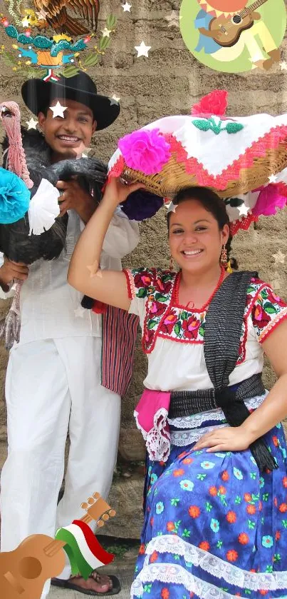 Colorful Mexican traditional attire and festive decorations in a vibrant scene.