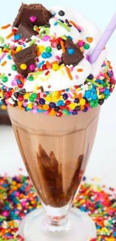 Colorful milkshake with sprinkles and brownie bits in a glass with a straw.