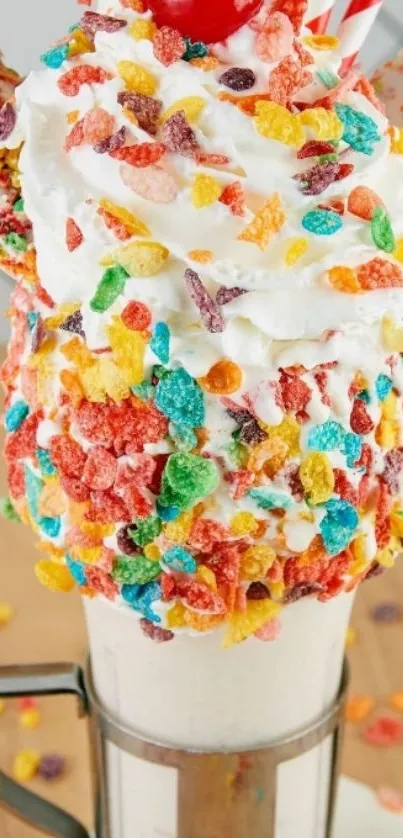 Vibrant milkshake with cereal topping and cherry.