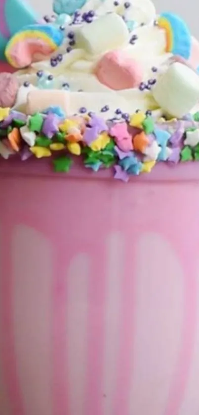 Vibrant milkshake with candy sprinkles and marshmallows.