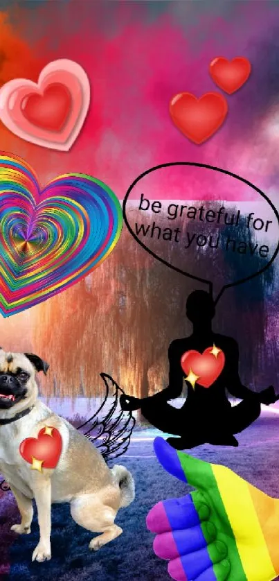 Vibrant wallpaper with meditation silhouette, colorful hearts, and a cheerful dog.