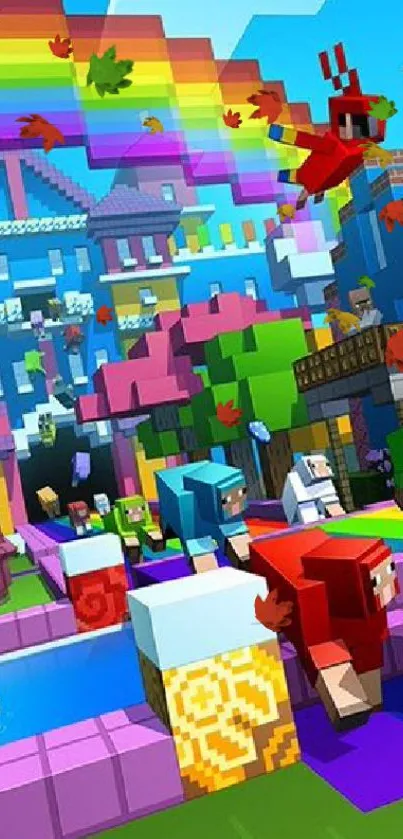 Vibrant Minecraft world with rainbow and characters, perfect for mobile wallpaper.