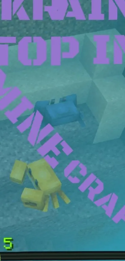 Colorful underwater Minecraft creatures swim in pixelated design.