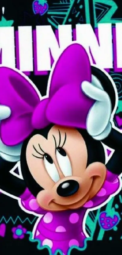 Cute and colorful wallpaper of Minnie cartoon character with vibrant purple accents.