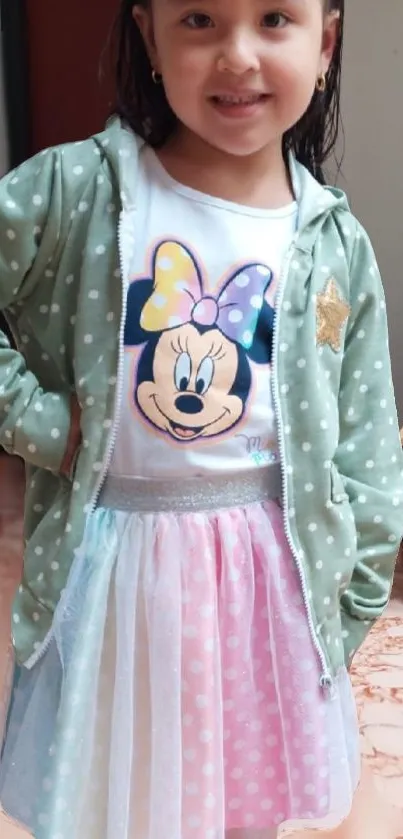 Child wearing a Minnie Mouse outfit with colorful design.