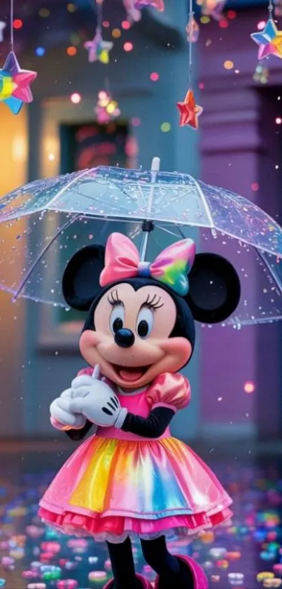 Minnie Mouse with an umbrella in colorful setting.