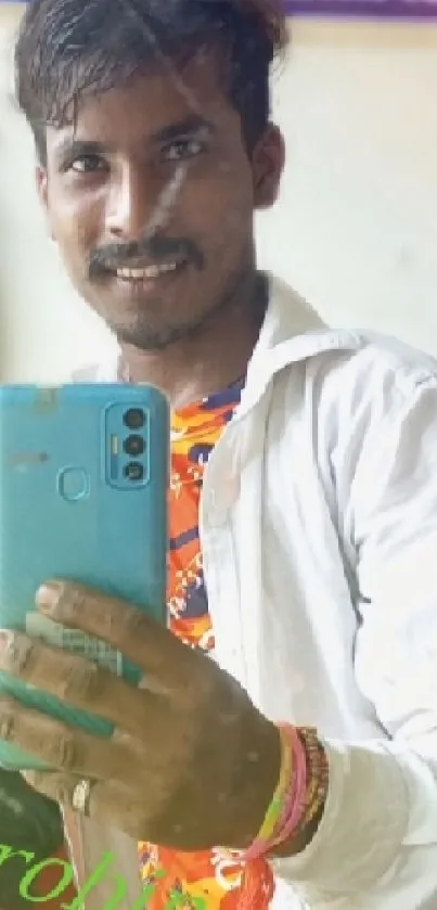 Colorful mirror selfie with vibrant attire and a unique mobile wallpaper look.