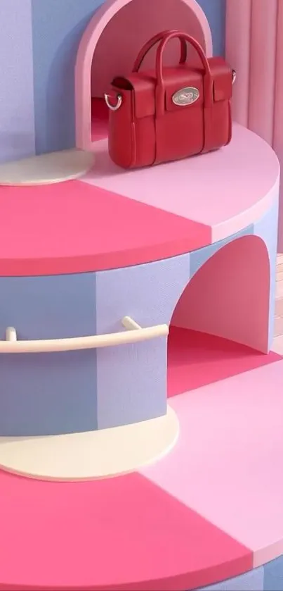 Colorful display with red handbag on pastel shelves.