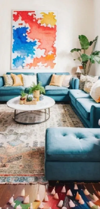 Vibrant living room with teal sofas and colorful wall art.