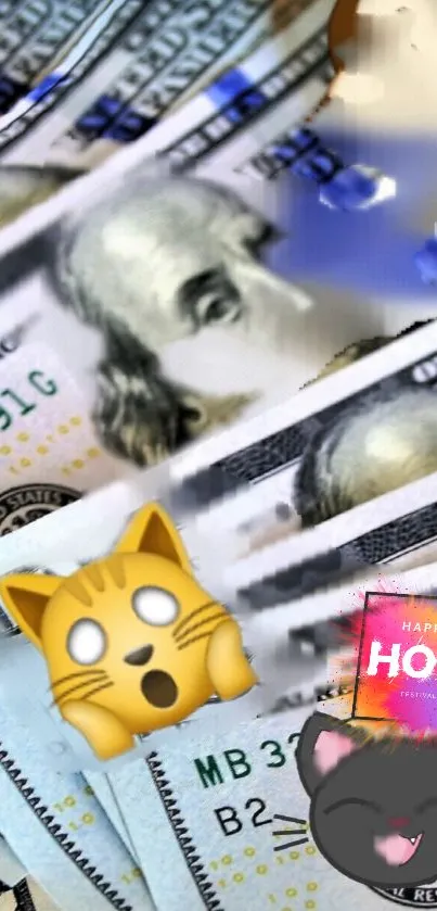 Vibrant wallpaper with dollar bills and cat emoji design.