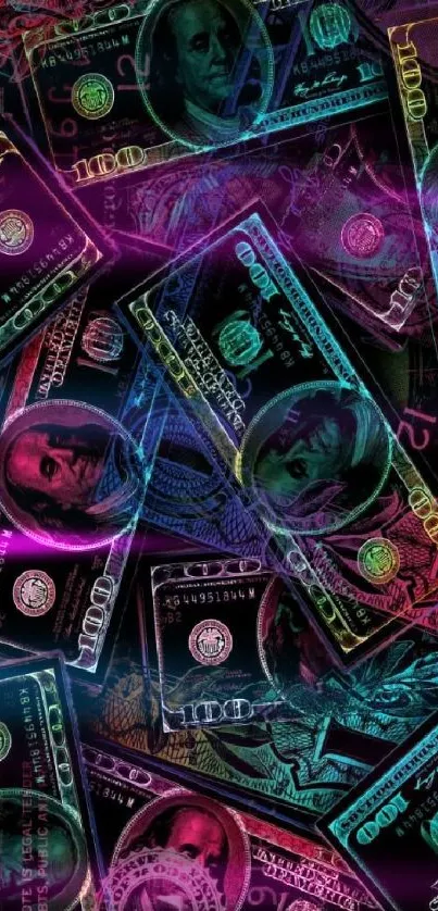 Vibrant neon dollar bill pattern wallpaper.