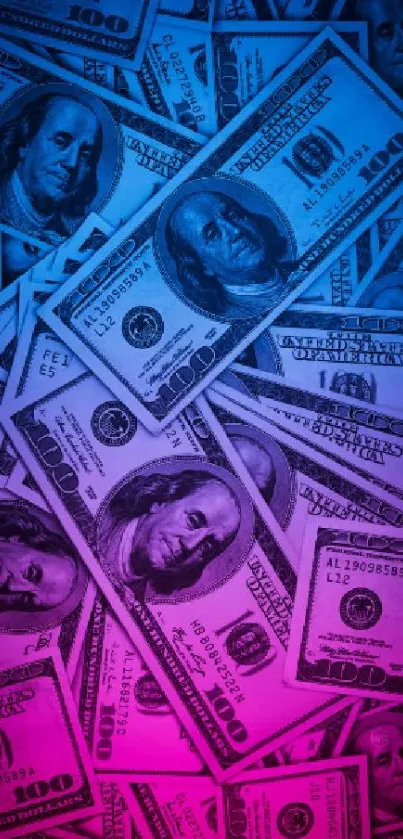 Mobile wallpaper with colorful $100 bills in blue and pink hues.