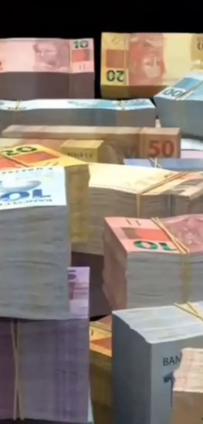 Stacks of colorful banknotes arranged neatly in a vibrant display.