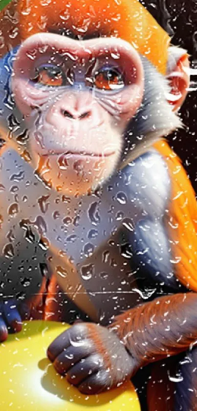 Colorful monkey behind rainy glass, vibrant mobile wallpaper.