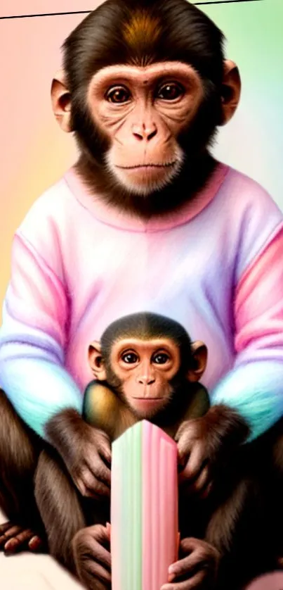 Monkey family with rainbow shirts on a pastel background.