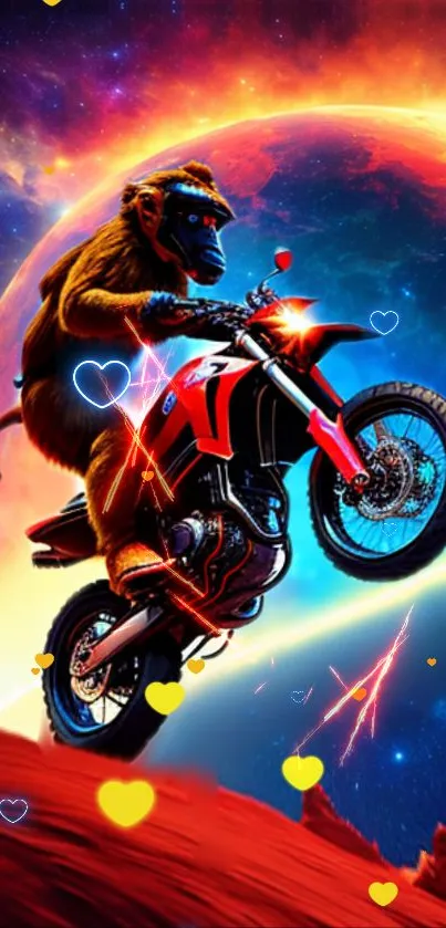 Monkey on motorcycle with cosmic backdrop in vibrant colors.