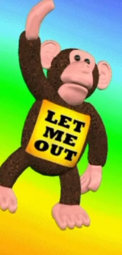 Playful monkey with 'Let Me Out' text on rainbow background.