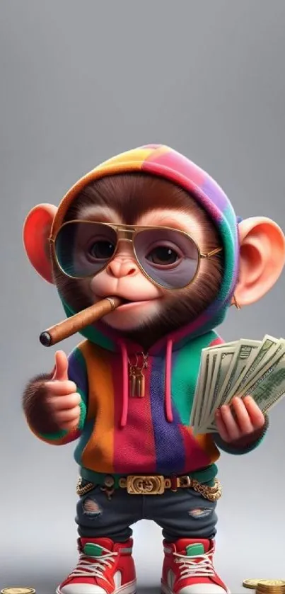 Cartoon monkey in rainbow hoodie holding money and smoking a cigar.