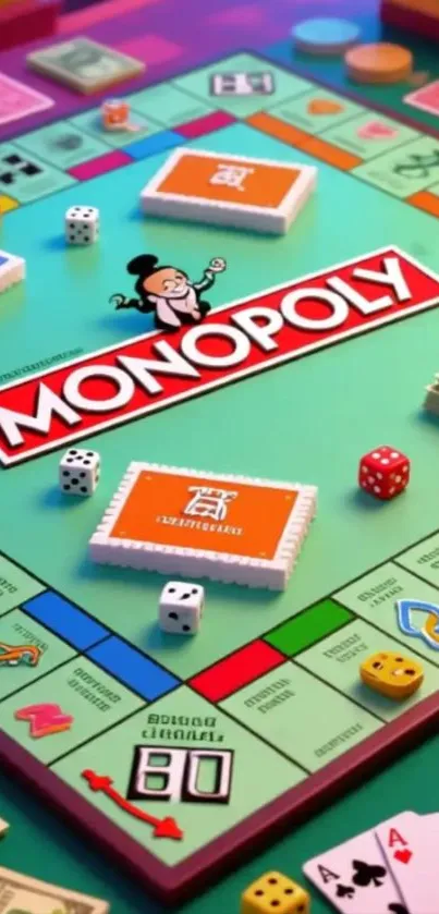 Vibrant Monopoly game board with cards, dice, and tokens.