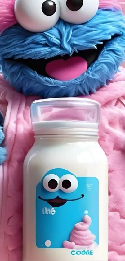 Colorful monster holding a milk jar with a playful expression.