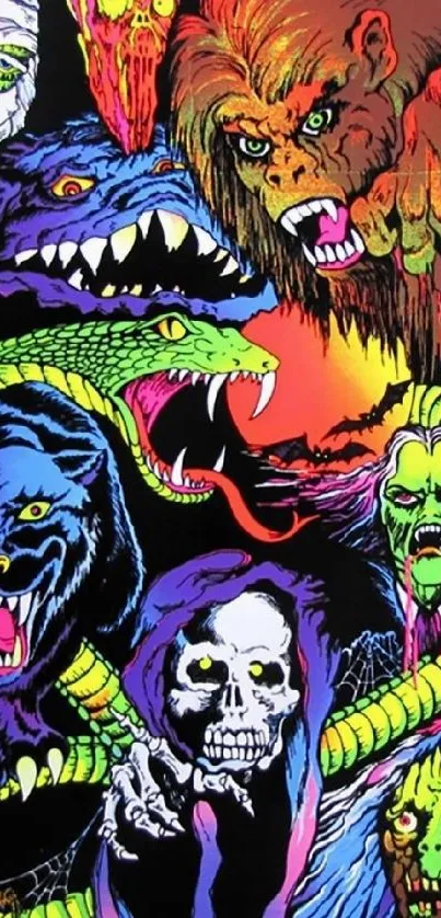 Vibrant monster art with colorful creatures and horror theme.