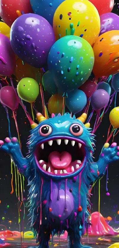 Colorful monster with balloons splattered in paint.
