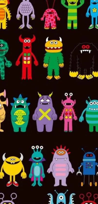 Colorful cartoon monsters on black background.